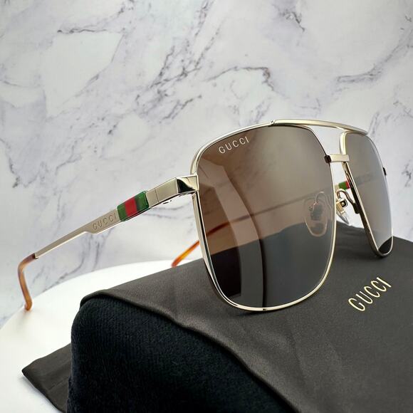 New GUCCI Sunglasses Gold Metal Aviator Square Red Green Web Logo 60mm - Picture 5 of 16